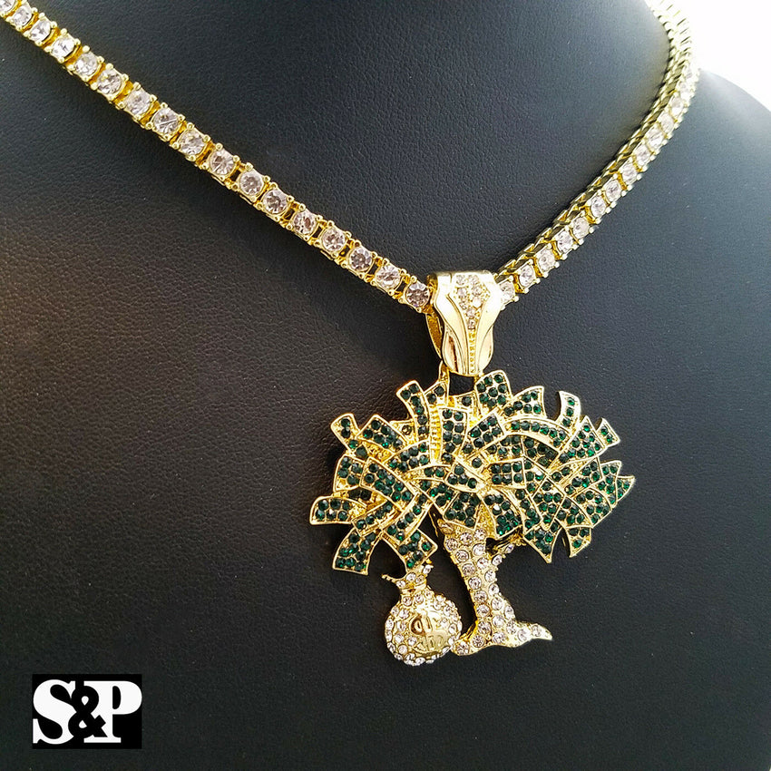 Hip Hop Money Bag Tree Charm & 4mm 18" 1 Row Lab Diamond Tennis Choker Chain Set