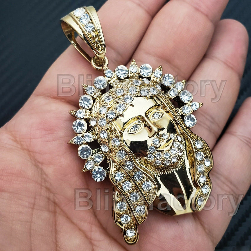 Iced out Hip Hop Gold PT Jesus Pendant & 18" 1 ROW Tennis Choker Chain Necklace