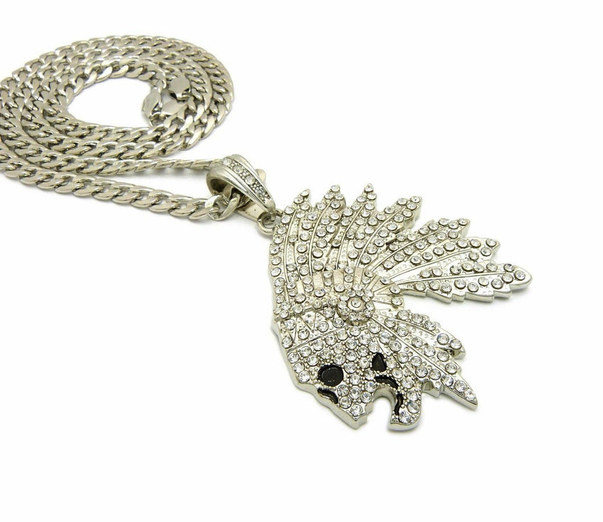Iced Out Side Skull Cheif Face Pendant & 7mm 30" Cuban Chain Hip Hop Necklace