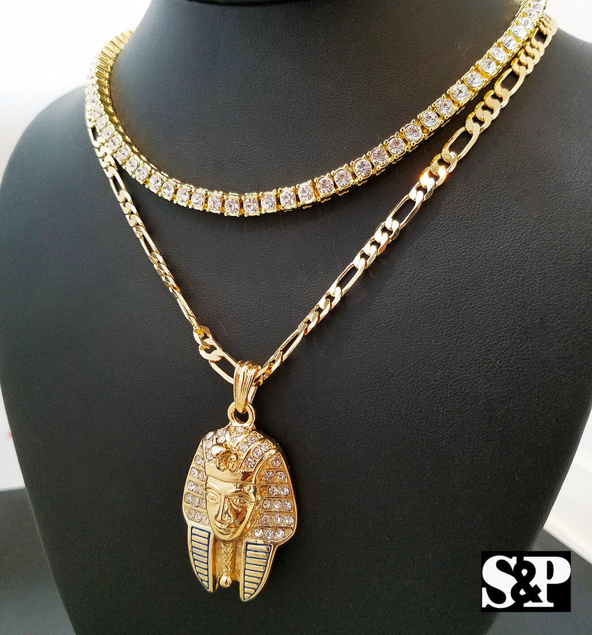 Hip Hop Quavo Choker 16" 1 ROW DIAMOND TENNIS CHAIN & Pharaoh King Necklace Set