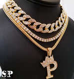 Hip Hop Quavo Choker 16" Full Iced Cuban & 1 ROW DIAMOND CHAIN & "P" Necklace