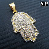 HIP HOP STAINLESS STEEL ICED OUT LAB DIAMOND GOLD PLATED HAMSA HAND PENDANT