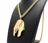 14K Gold PT Egyptian Pharaoh King Tut Pendant W/ 6mm 30" Cuban Chain Necklace