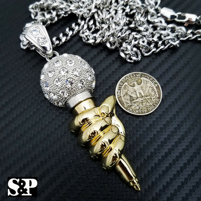Iced Two Tone MIC Hand Pendant & 6mm 30" Cuban Chain Hip Hop Necklace