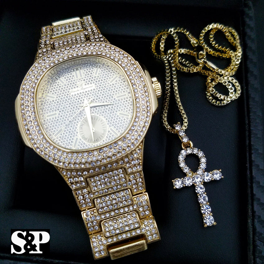 MEN'S HIP HOP GOLD PT QUAVO LUXURY WATCH & ICED ANKH NECKLACE COMBO SET