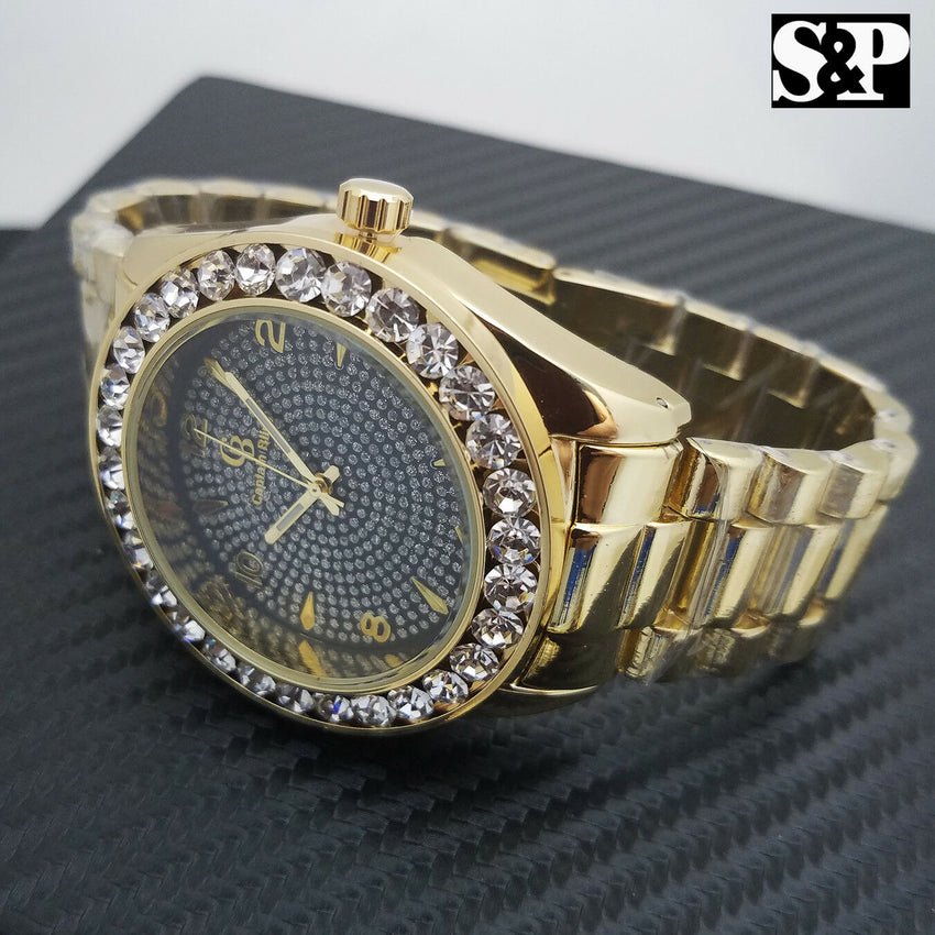 MENS ICED OUT GOLD PT CAPTAIN BLING HIP HOP BIG CZ STONES BLACK DIAL WRIST WATCH