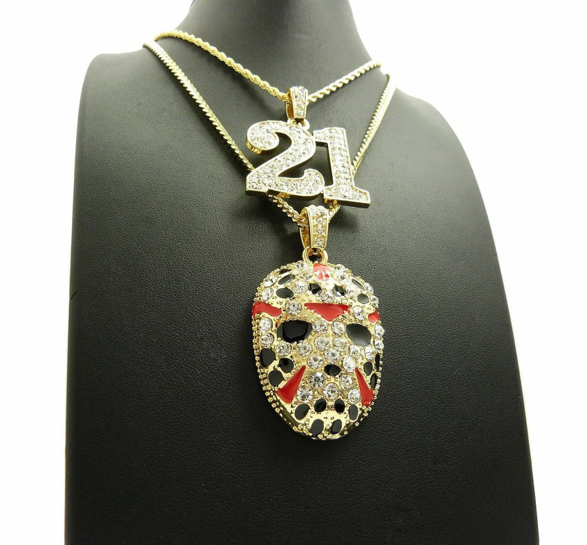 ICED OUT SAVAGE 21 & SLAUGHTER GANG MASK PENDANT & CHAINS 2 NECKLACE COMBO SET