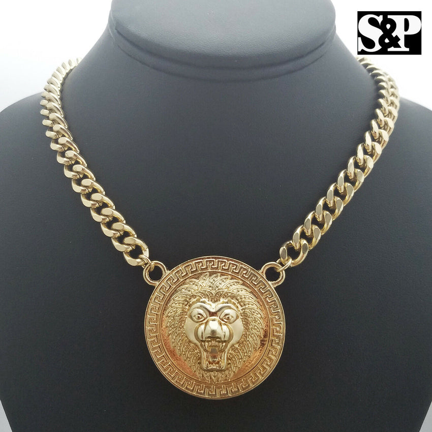 Hip Hop Gold Plated 16" Full Iced Cuban & Lion Face pendant Choker Chain Necklace Set