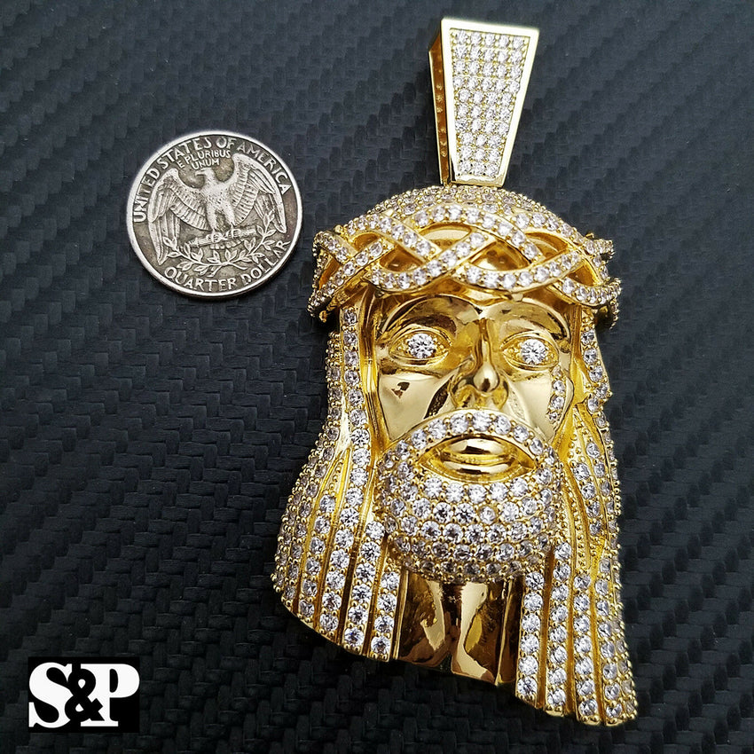HIP HOP ICED OUT 14K GOLD PLATED BLING BRASS MICRO PAVE LARGE JESUS HEAD PENDANT