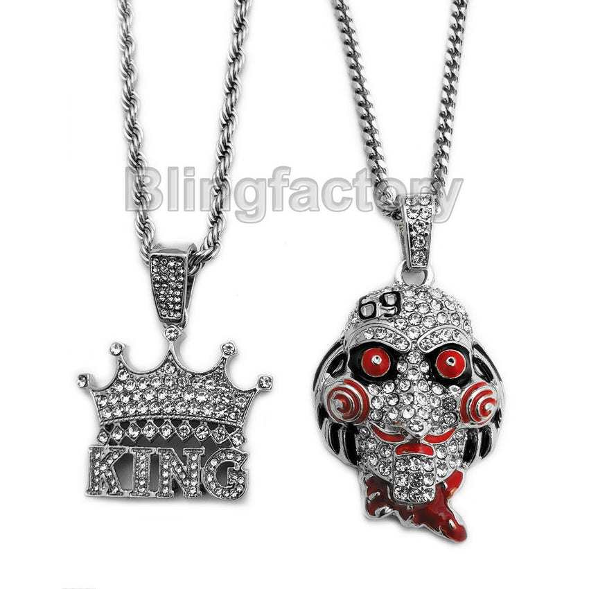 Hip Hop Iced Saw & Crowned King Pendant & 20" 24" Rope, Cuban Chain Necklace Set