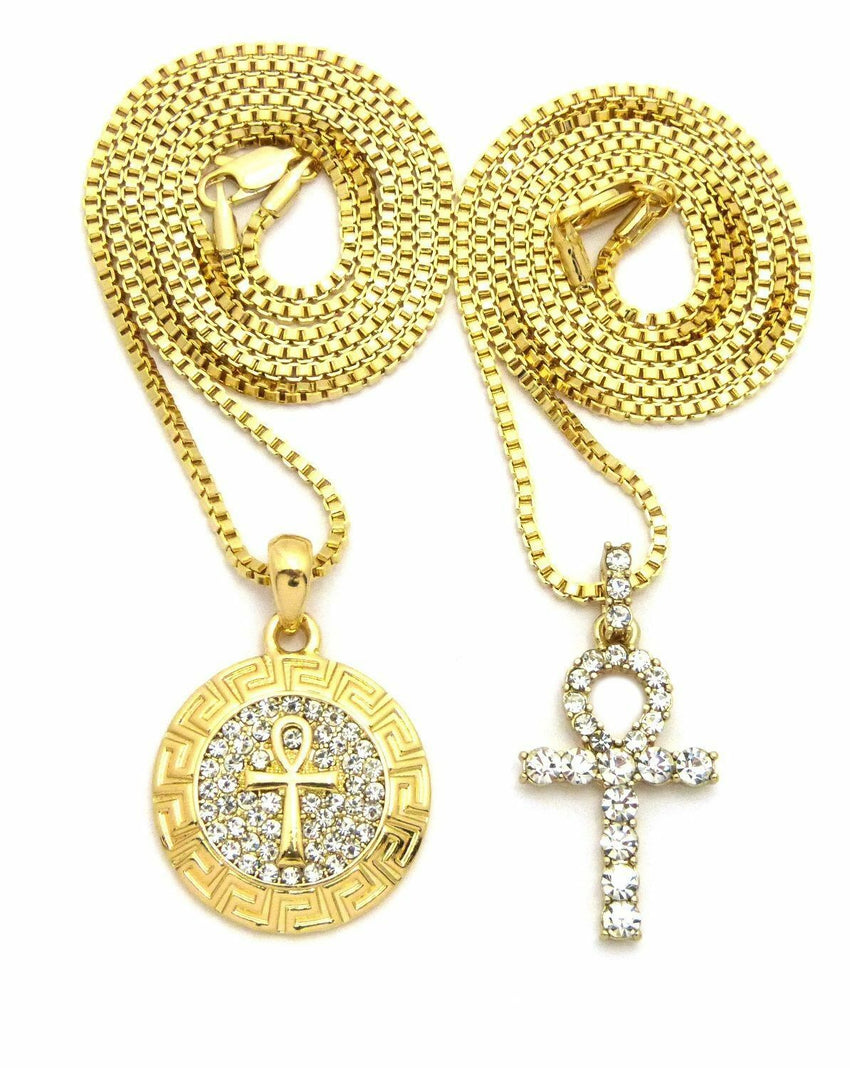 Iced Out Egypt Breath of Life Ankh Pendant w/ 24",30" Box Chain 2 Necklace Set