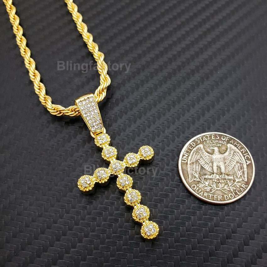 Hip Hop Iced out Bubble style Cross Pendant & 4mm 24" Rope Chain Necklace