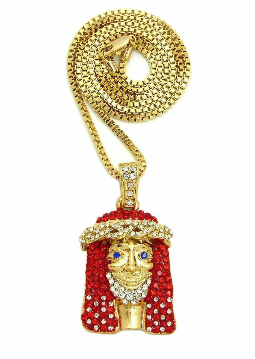 ICED OUT Lil Yachty RED JESUS FACE SMALL PENDANT & 24" CHAIN HIP HOP NECKLACE