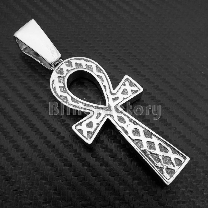HIP HOP ICED OUT BLING LAB DIAMOND WHITE GOLD PLATED LARGE ANKH CROSS PENDANT