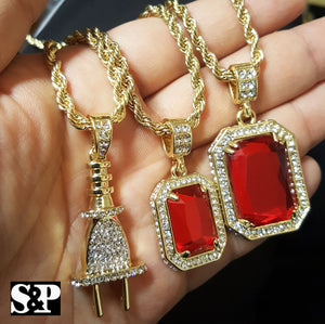 Men Gold Plated Fashion 2 Pieces Ruby Set & Power Plug w/ 30