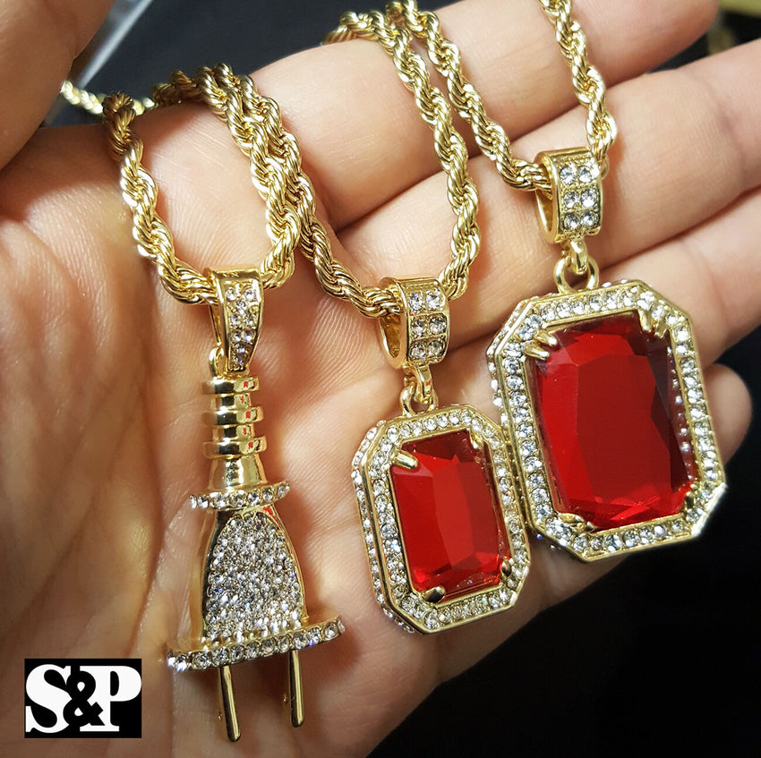 Men Gold Plated Fashion 2 Pieces Ruby Set & Power Plug w/ 30" & 24" Rope chains