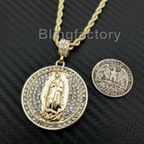 Hip Hop Iced out Virgen De Guadalupe Pendant & 4mm 24" Rope Chain Necklace