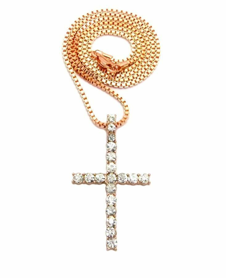 NEW ICED OUT ROSE GOLD PLATED CZ CROSS PENDANT & 24" BOX CHAIN NECKLACE