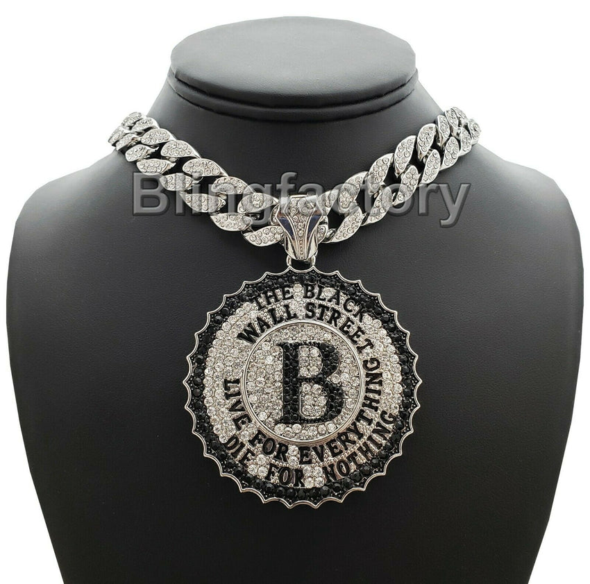 Hip Hop Large THE BLACK WALL STREET & 18" Full Iced Cuban Choker Chain Necklace