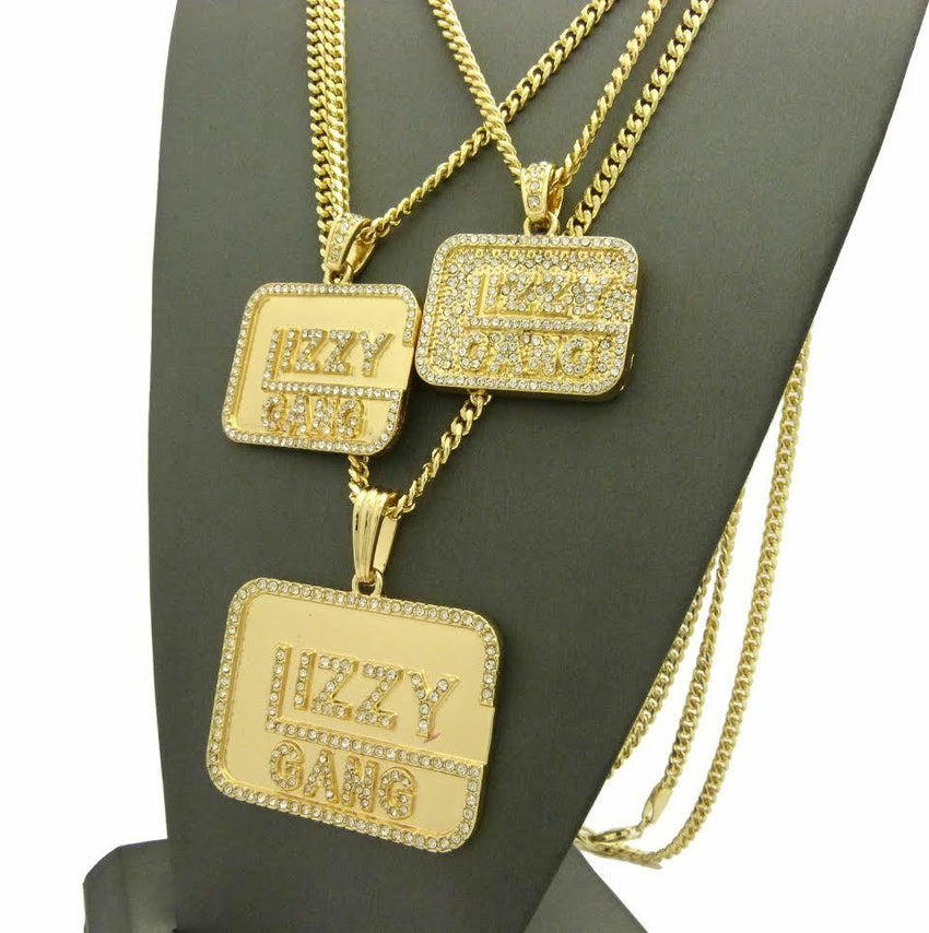 ICED OUT HIP HOP CZ GOLD PT 3 GLIZZY GANG PENDANTS W/ CUBAN CHAINS NECKLACE SET