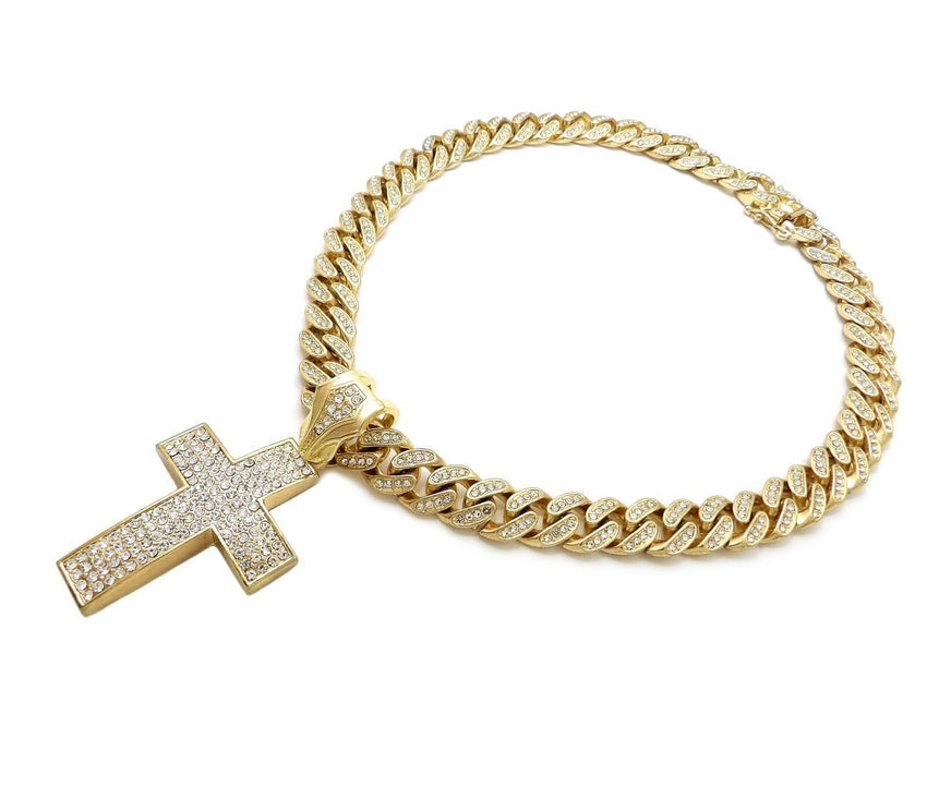 Hip Hop Cross Pendant & 12mm 18" Iced out Box Lock Cuban Choker Chain Necklace