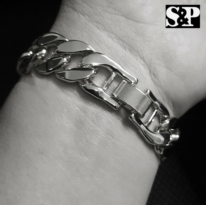 Hip Hop White Gold Plated 8.5" CZ Full Iced Out Praying Hands Cuban Bracelet