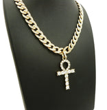 Iced out Ankh Cross Pendant & 18" 20" 22" 24" CZ Cuban Choker Chain Necklace