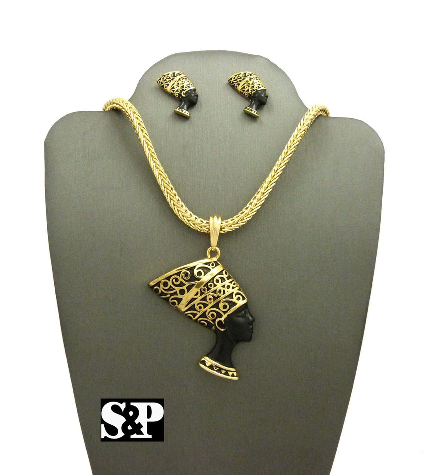 WOMEN'S NEFERTITI PENDANT & FRANCO CHAIN FASHION NECKLACE & EARRING COMBO SET