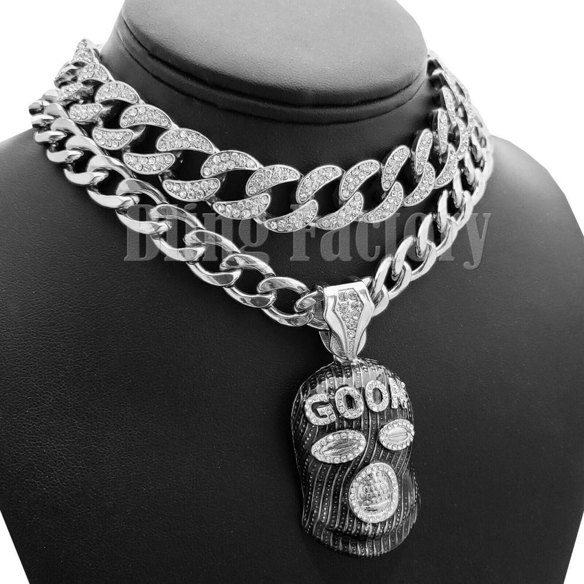 Hip Hop Rapper's Masked Goon Pendant & 18" Iced Cuban Choker Chain Necklace set