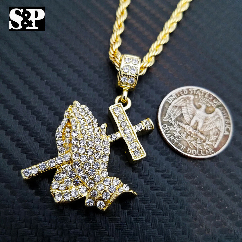 Hip Hop Iced Out Praying Hand w/ Cross Pendant & 4mm 24" Rope Chain Necklace