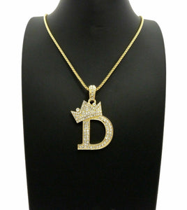 ICED OUT 14K GOLD PT LETTER D CROWN CZ PENDANT & 24
