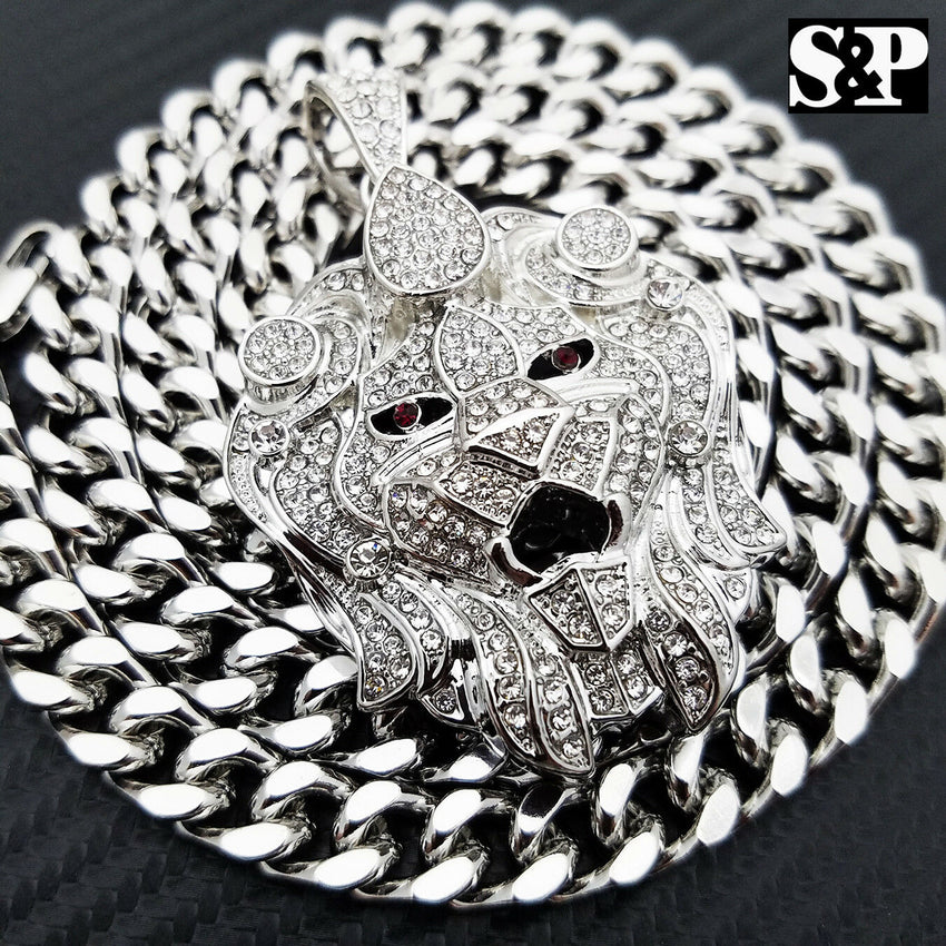 Silver PT Big Lion Head Pendant & 10mm 30" Cuban Heavy Chain Hip Hop Necklace