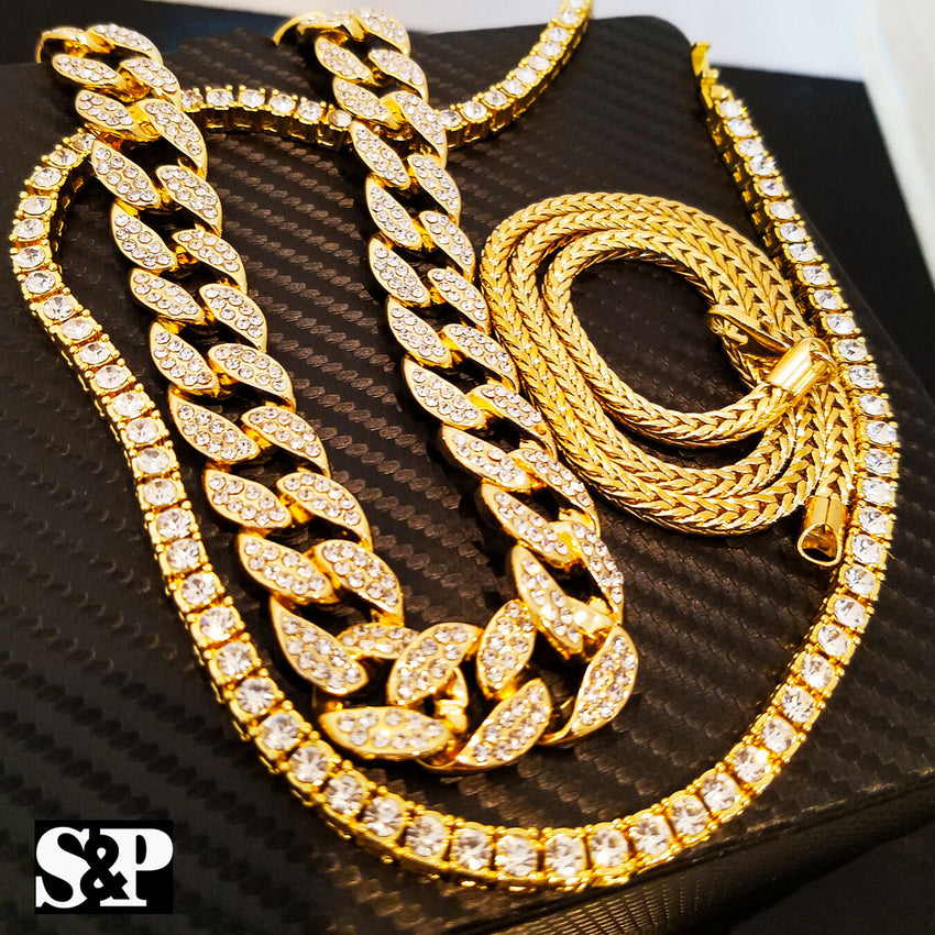 Hip Hop Quavo Choker 18" Franco & 16" Full Iced Cuban & 1 ROW DIAMOND CHAIN SET