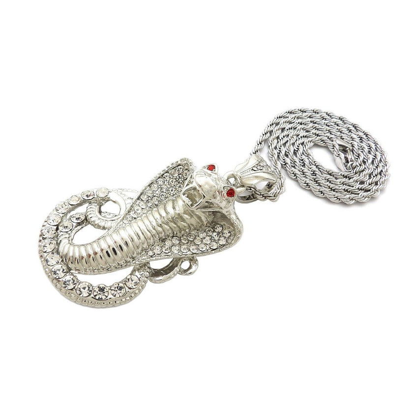 HIP HOP ICED OUT SILVER PLATED COBRA SNAKE PENDANT & 4mm24" ROPE CHAIN NECKLACE