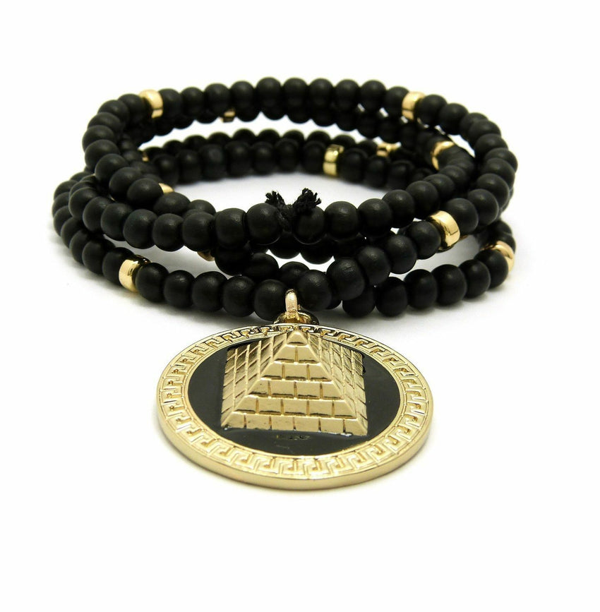 Gold PT Egyptian Pyramid Pendant & 30" Wooden Bead Chain Hip Hop Necklace