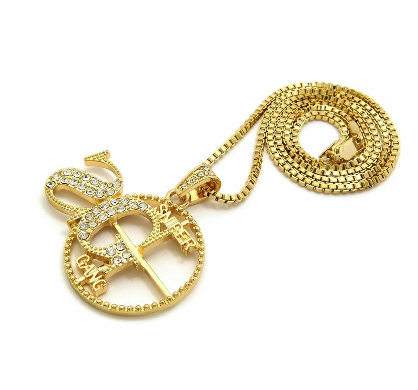 ICED OUT HIP HOP 'SG' SNIPER GANG PENDANT & 24" BOX, CUBAN, ROPE CHAIN NECKLACES