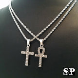 Hip Hop White Gold PT Ankh Cross & Cross Pendant, 24" Rope Chain 2 Necklace Set