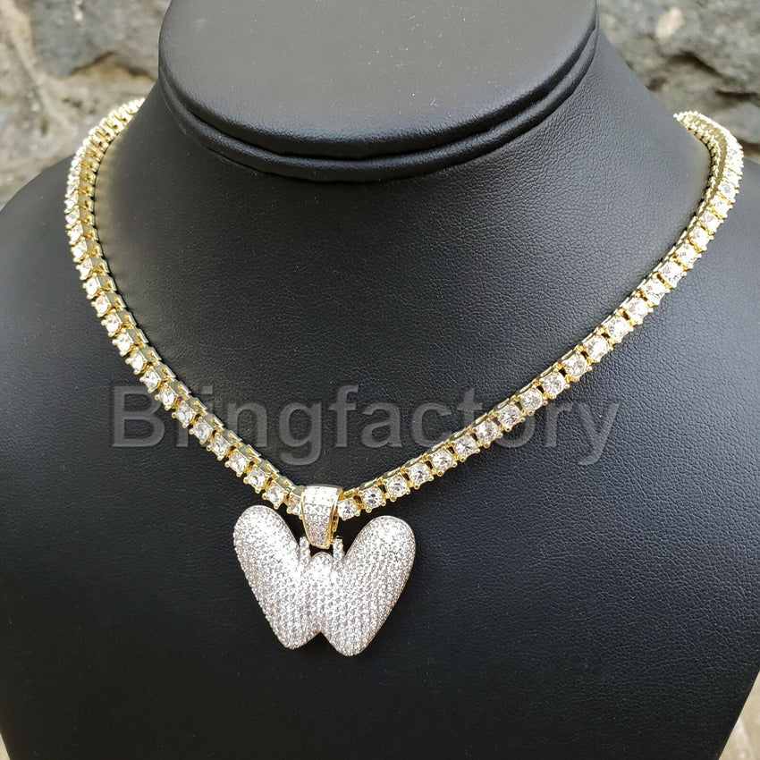 Hip Hop Iced out Brass Bubble Letter "W" & 18" 1 Row Tennis Choker Chain Necklace