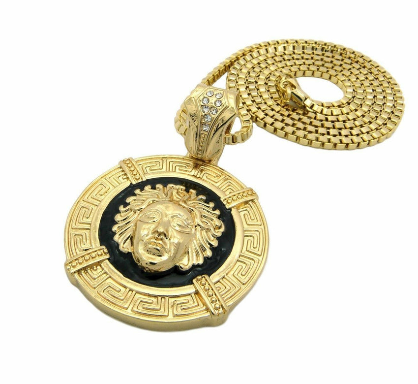 New 14K Gold PT Medusa Face Head Pendant w/ 3mm 30" Box Chain Hip Hop Necklace