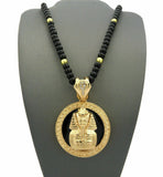 Gold PT KING-TUT PHARAOH Pendant & 6mm/30" Black Beads Chain Hip Hop Necklace