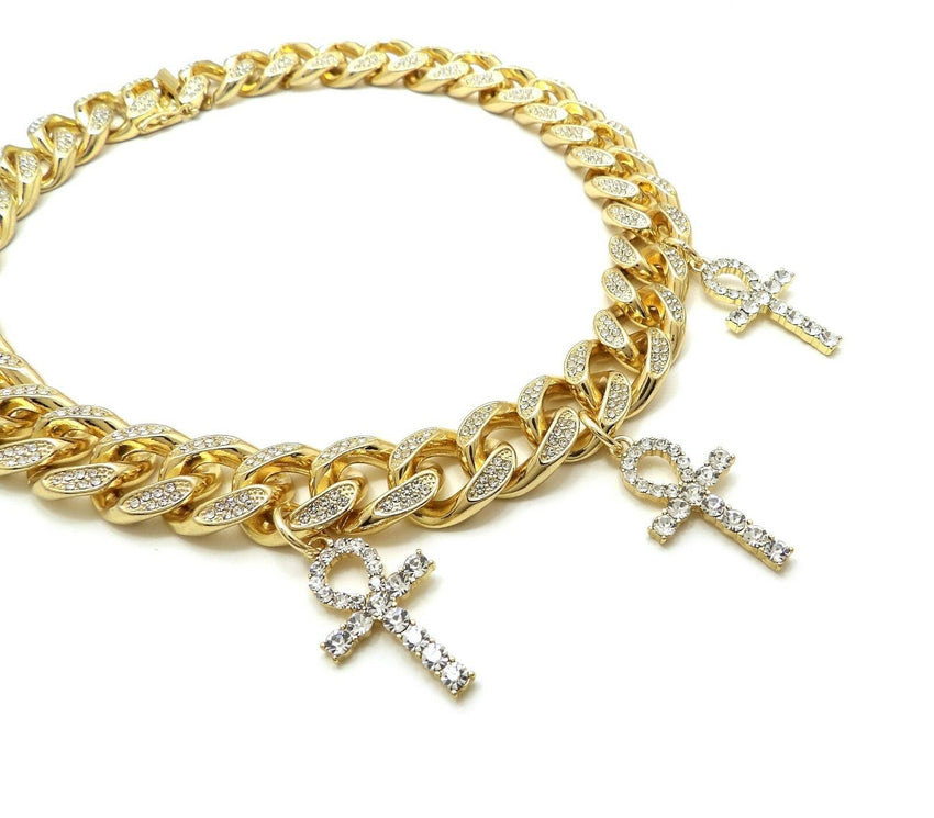 Hip Hop Iced Triple Ankh Cross Pendant & 18" Full Iced Cuban Choker Chain Necklace