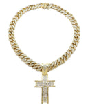 Hip Hop Cross Pendant & 12mm 18" Iced out Box Lock Cuban Choker Chain Necklace