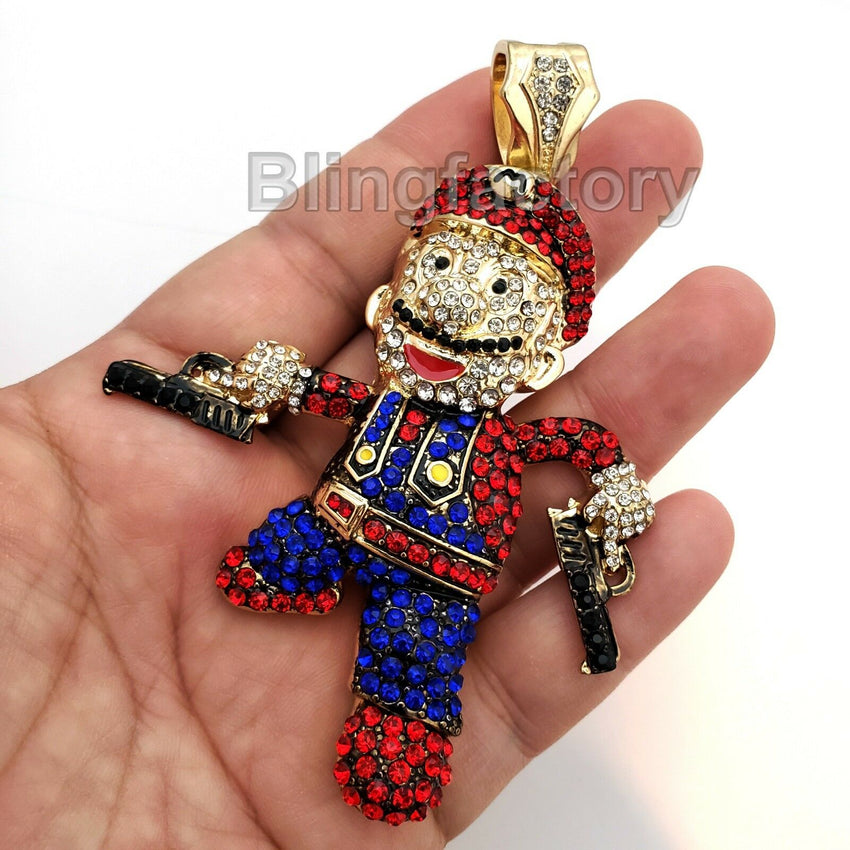 Iced out Hip Hop Mario Gun Man Gold & Silver plated Lab Diamond Large Pendant