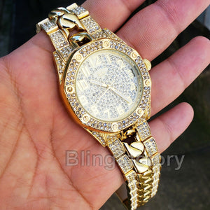 Men's Gold Plated Iced out Luxury Migos Rapper's Metal Band Dress Clubbing Watch