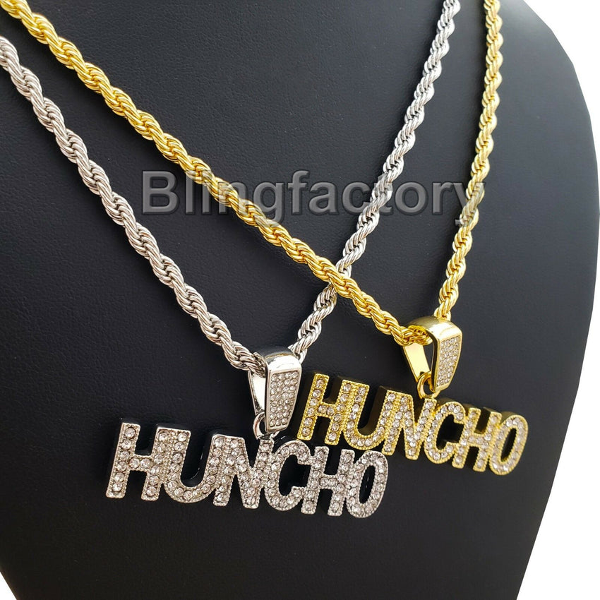 Hip Hop Iced out Lab Diamond HUNCHO Pendant & 4mm 24" Rope Chain Necklace