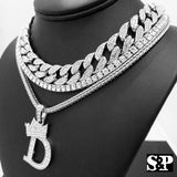 Hip Hop Quavo Choker 18" Full Iced Cuban & 1 ROW DIAMOND CHAIN & "D" Necklace