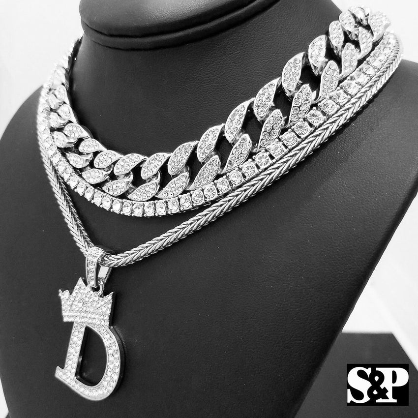 Hip Hop Quavo Choker 18" Full Iced Cuban & 1 ROW DIAMOND CHAIN & "D" Necklace