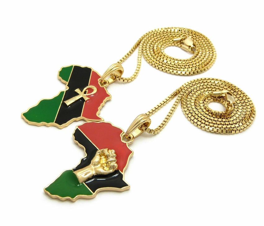 New Fist & Ankh in Africa Pendant w/ 24",30" Box Chain Hip Hop 2 Necklace Set