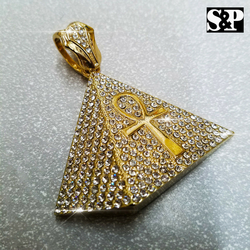 HIP HOP RAPPER'S ICED OUT GOLD PLATED EGYPTIAN ANKH CROSS PYRAMID PENDANT