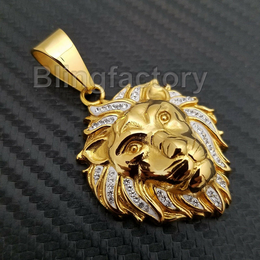 HIP HOP ICED OUT STAINLESS STEEL LAB DIAMOND GOLD PLATED LION HEAD PENDANT
